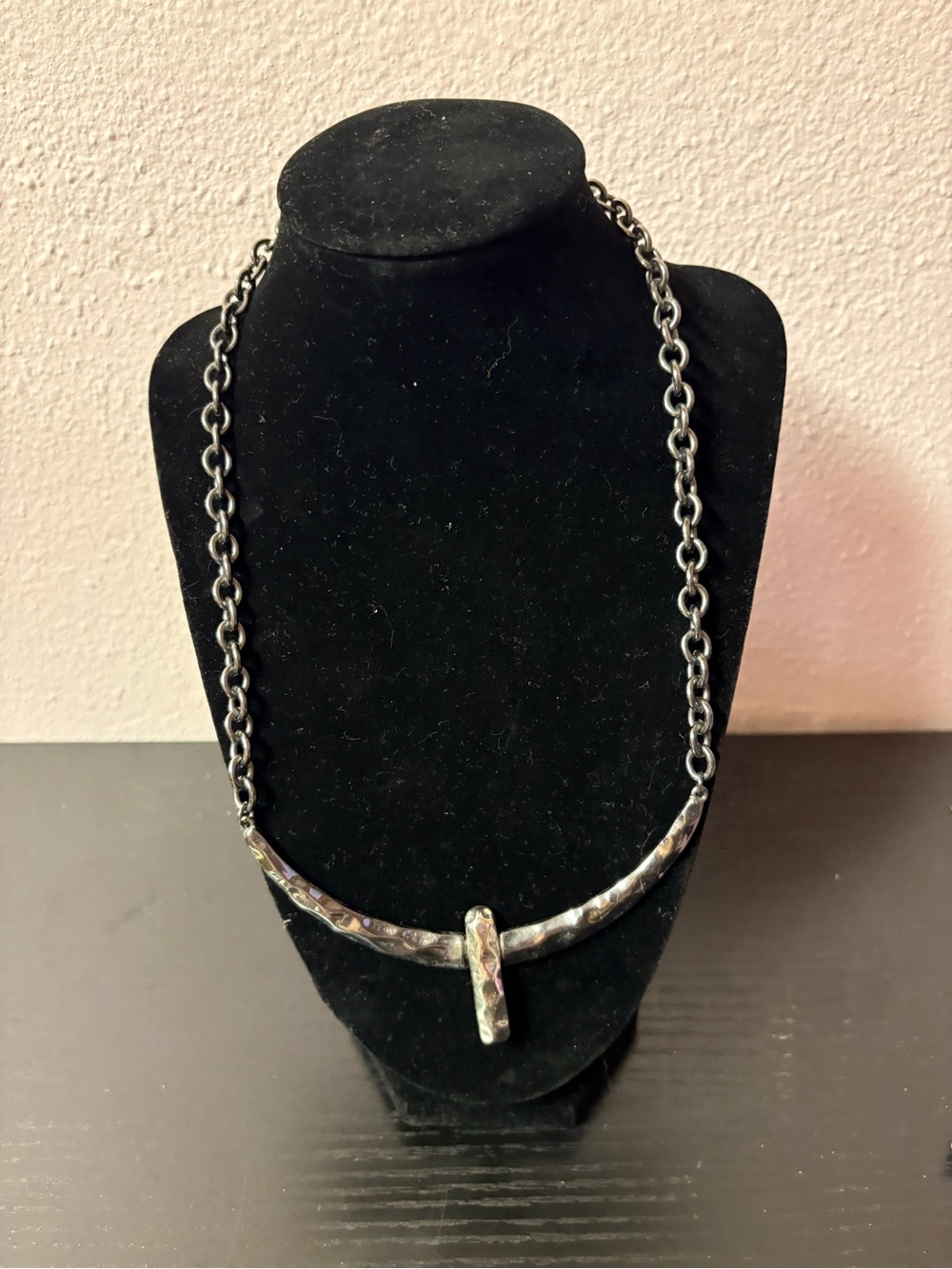 Silver Tone Hammered Collar Statement Necklace Modern Industrial Jewelry